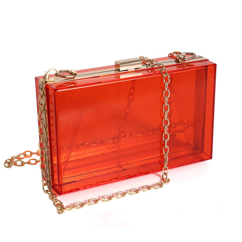 WJCD Women Clear Purse Acrylic Box Clutch Handbag, Small Transparent Crossbody Evening Bag Stadium Approved Gold Chain Strap (Red) - Image 1